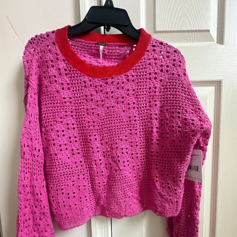 Free people bright pink 100% cropped cotton sweater with red trim XS